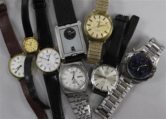 Six assorted gentlemans wrist watches including Longines and a ladys Omega wrist watch.